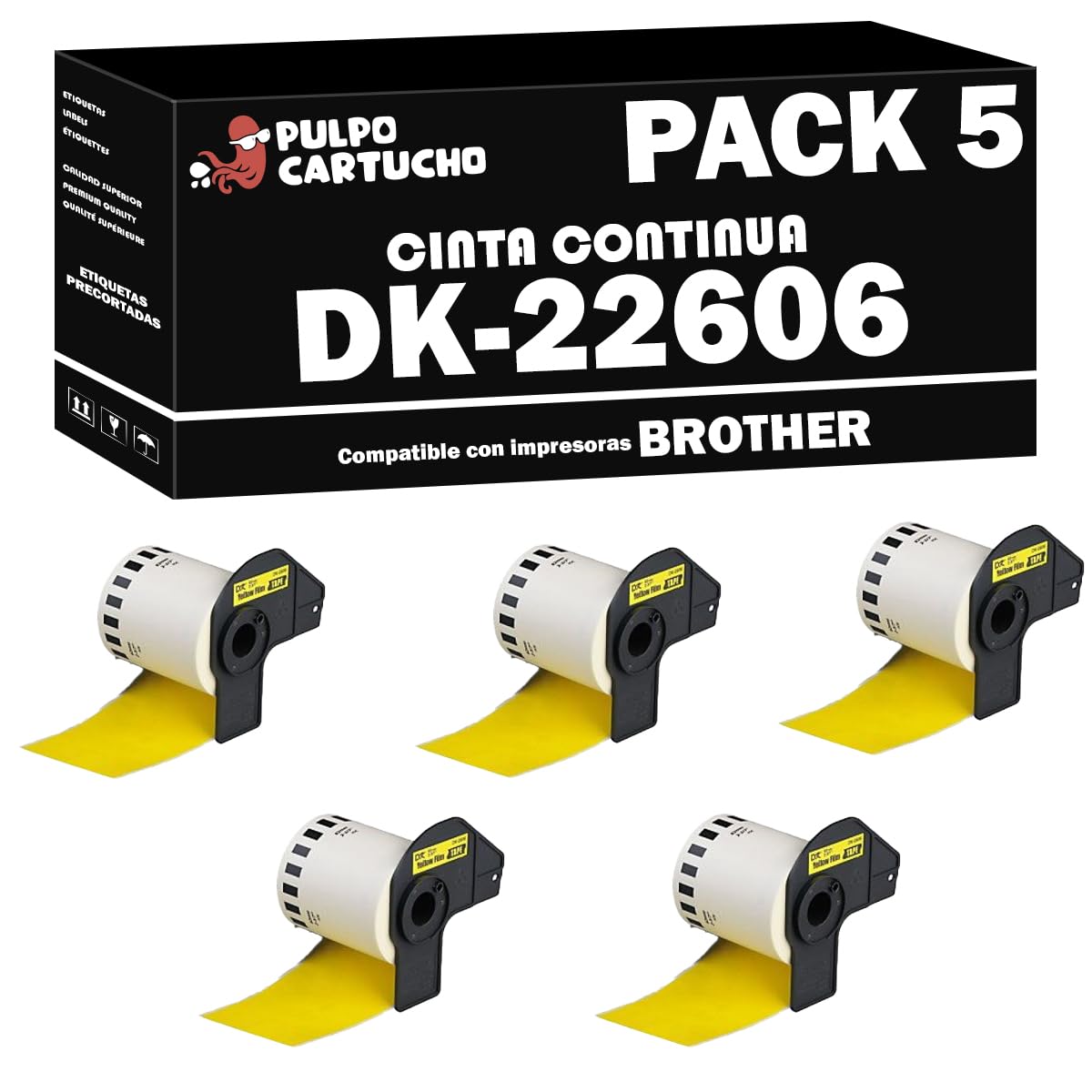 Pulpo Cartucho - Pack 5 Rollos Cinta Continua DK22606 Compatible con Brother DK-22606 - Cinta Continua para Etiquetas personalizadas 62 mm - Para Impresoras P-Touch QL