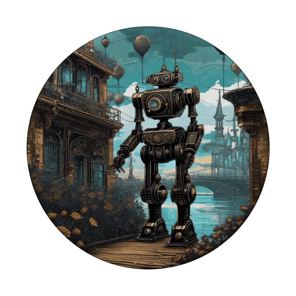 Retro Steampunk Robot n Roses Cute Trendy Industrial Cartoon PopSockets Swappable PopGrip, Black - Image 3