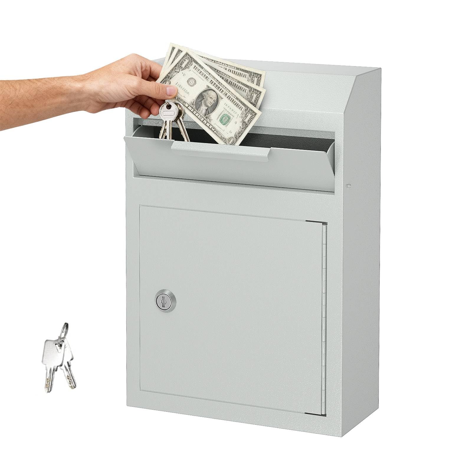 POCHAR Metal Wall Mount Locking Deposit Drop Box Safe - Heavy Duty Lock Box for Keys, Rent, Checks, Money, and Mail Envelopes (9.75” x 4.25” x 14.75”) (White)