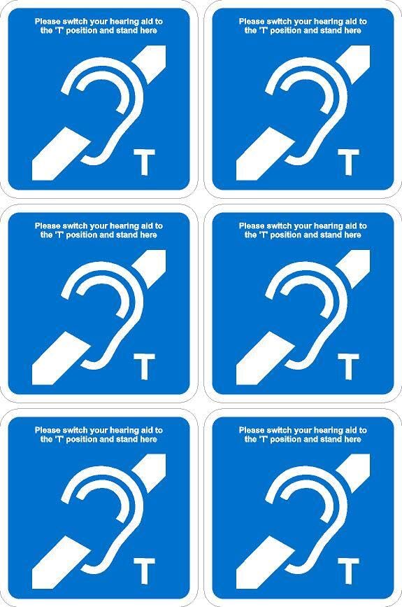 Please switch your hearing aid to 'T' position, 100x100mm sticker, Pack of Self adhesive stickers on A4 sheet (300mm x 200mm)