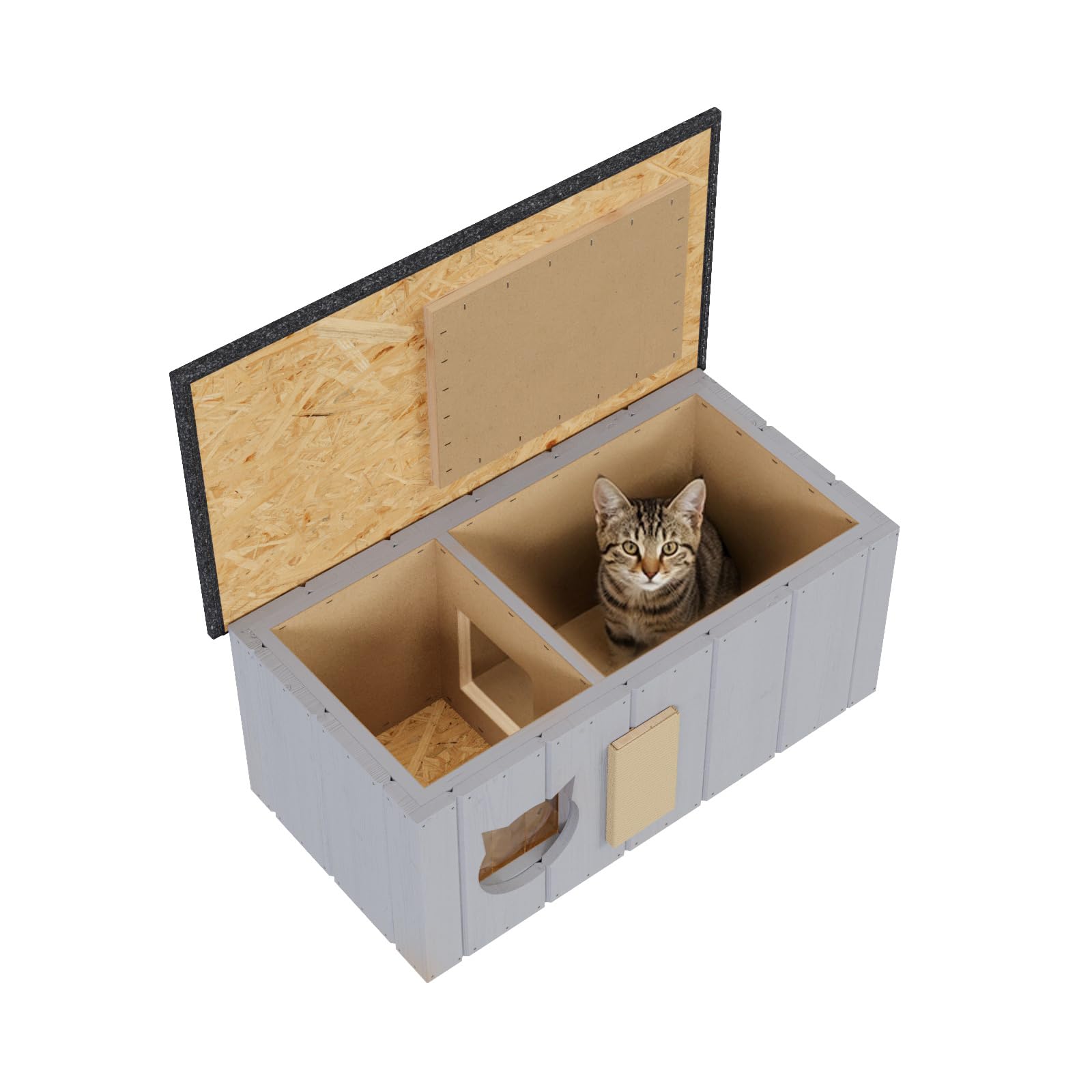 QLS Katzenhaus aus Holz mit Vorraum isoliert 86 x 47 cm Grau