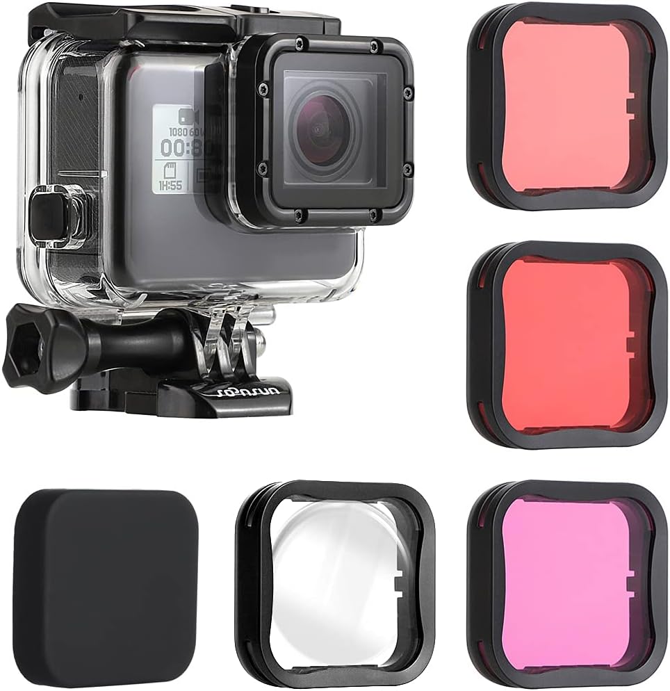 SOONSUN Waterproof Housing Case with 4 Dive Filters for GoPro Hero 7 6 5 Black and Hero (2018) – Red, Light Red, Magenta, 5X Macro Filters for Underwater Video & Photography