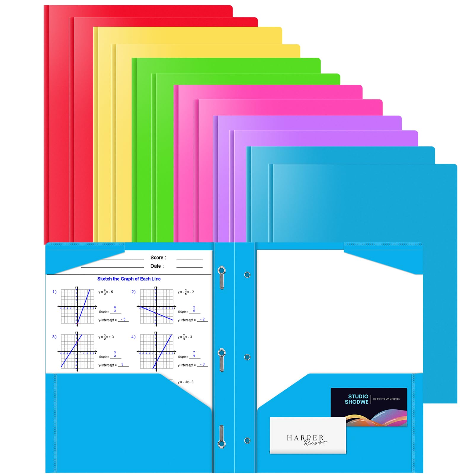 Briartw 12 Pack Colors File Folder,Heavy Duty Plastic Pocket Folder with Prongs for Letter Size Paper,2 Pockets and 3 Prongs,As Well As 2 Card Slots,for Office and School Staff or Students