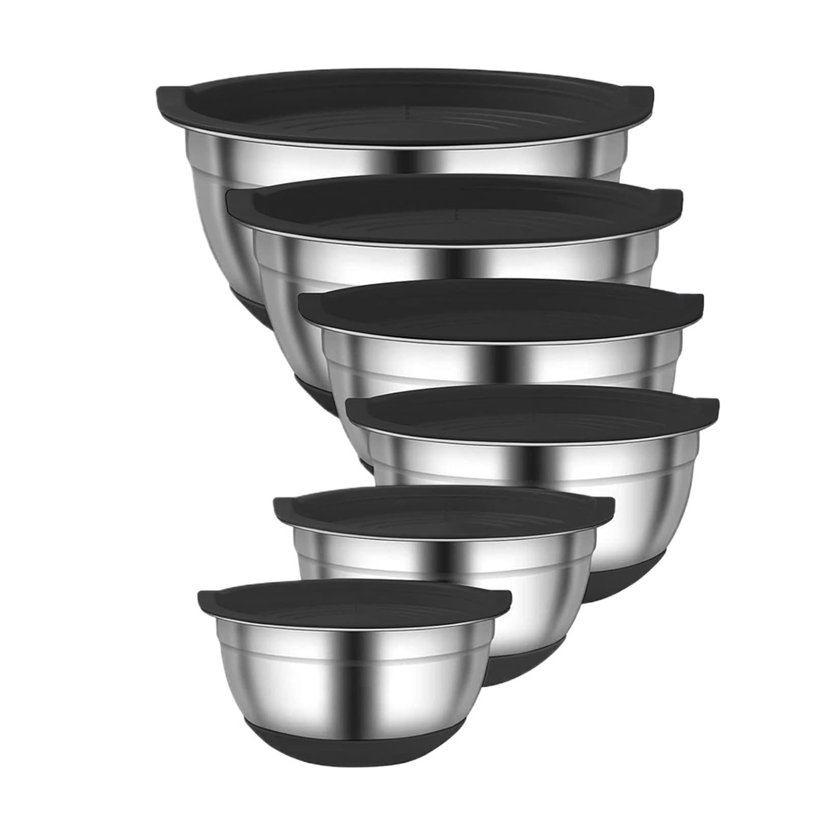 Generico Ciotole for miscelazione in acciaio inossidabile da 6 pezzi con coperchi neri Insalatiera cucina fondo in silicone antiscivolo