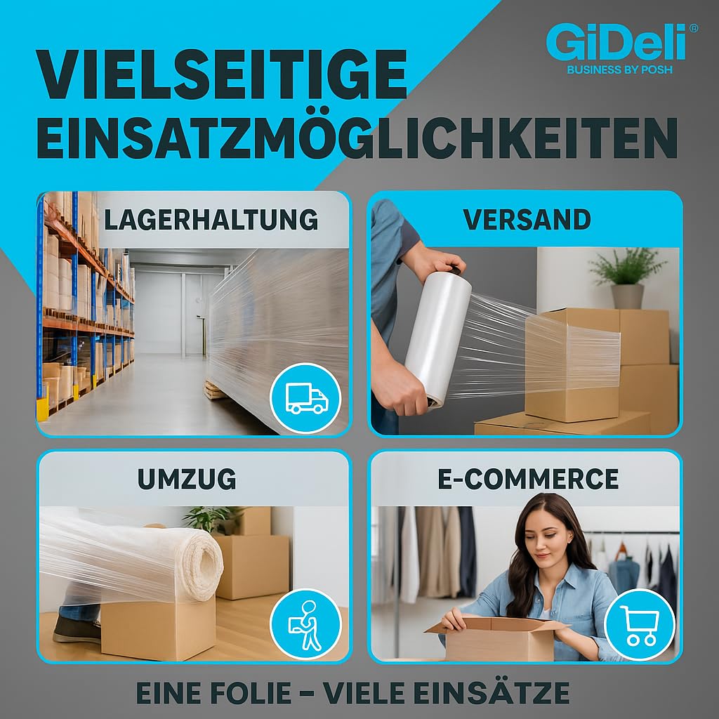 GiDeli Stretchfolie Transparent Strechfolienrolle - 10x Wickelfolie - Handstretchfolie 450m / 50cm Verpackungsmaterial - Verpackungsfolie auf Rollen - Folie Für Möbel - Folien Für Umzug - Umzugsfolie