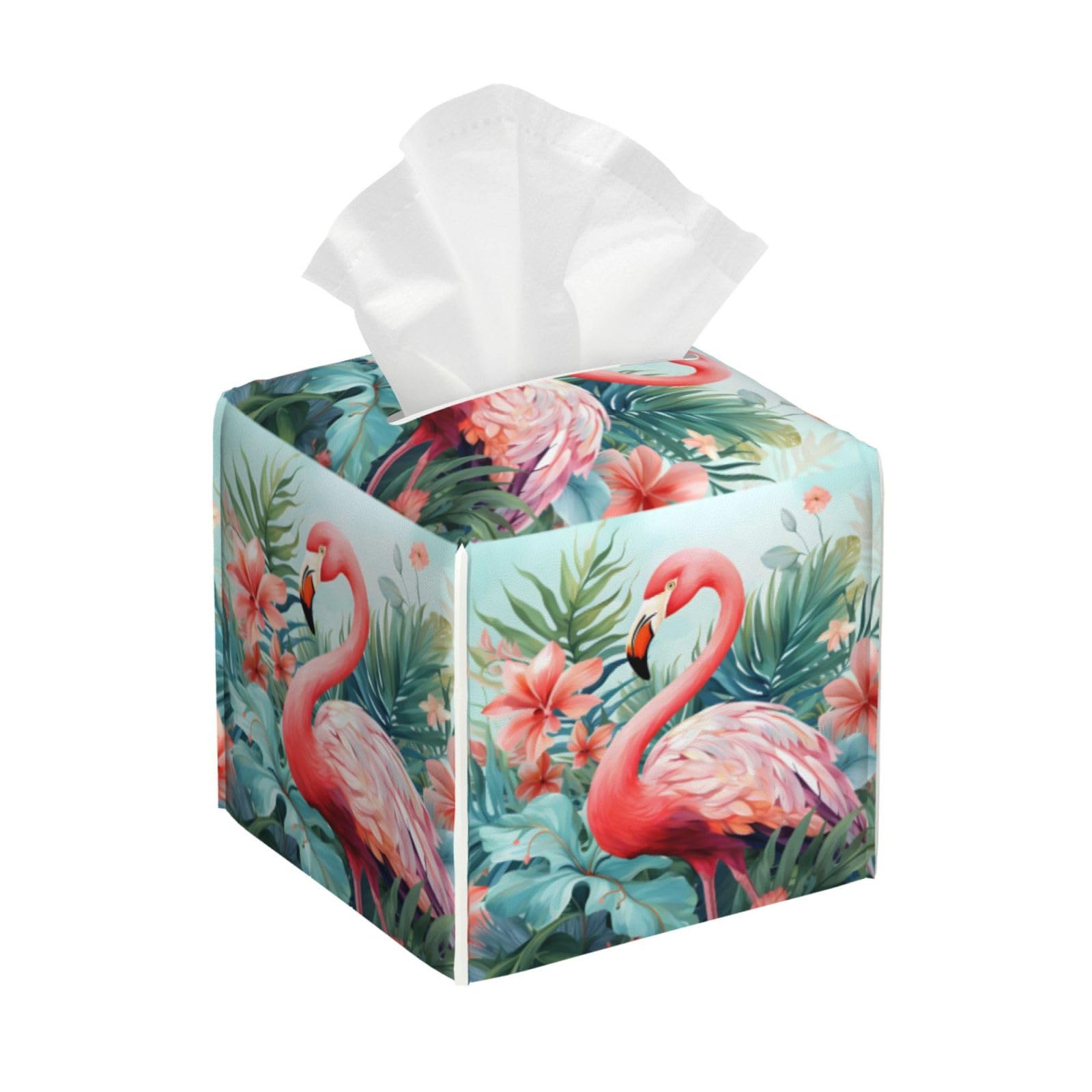 Square Tissue Box Cover, Leather Tissue Cube Box Holder, Pink Flamingo Tropical Palm Leaves Floral Jungle Theme Facial Paper Case for Tabletop, Bathroom, Car, Office 5.2"x5.2"x5.2"in