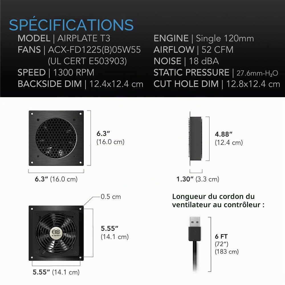 Système de refroidissement dans une armoire, pour matériel de divertissement avec ventilateur silencieux de refroidissement. Système avec thermostat de contrôle pour home cinéma par AC infinity Airplate T3