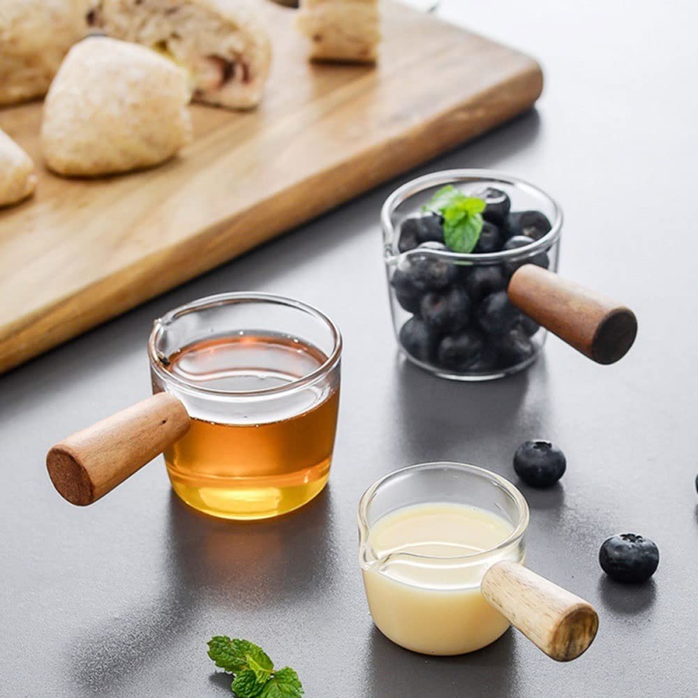 Set Brocca In Vetro Piccola Con Manico In Legno – Misurino Per Caffè, Latte, Sciroppo – Ideale Per Bar E Cucina - 2