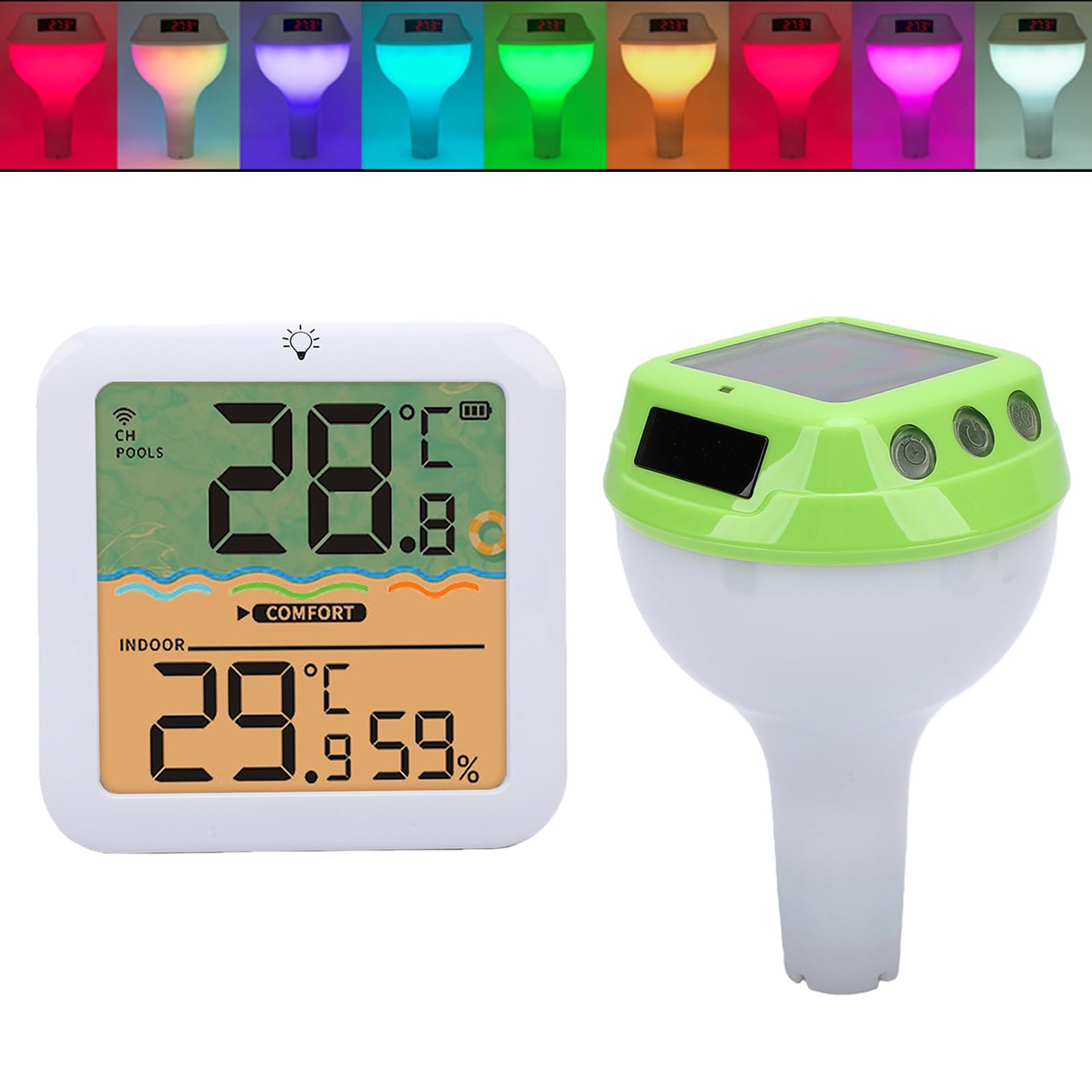 PUSOKEI Solares Digitales Poolthermometer mit Seil, Schwimmendes Kabelloses Poolthermometer mit RGB-Umgebungsbeleuchtung, Extra Großes Display mit Hintergrundbeleuchtung für Einfaches (GREEN)