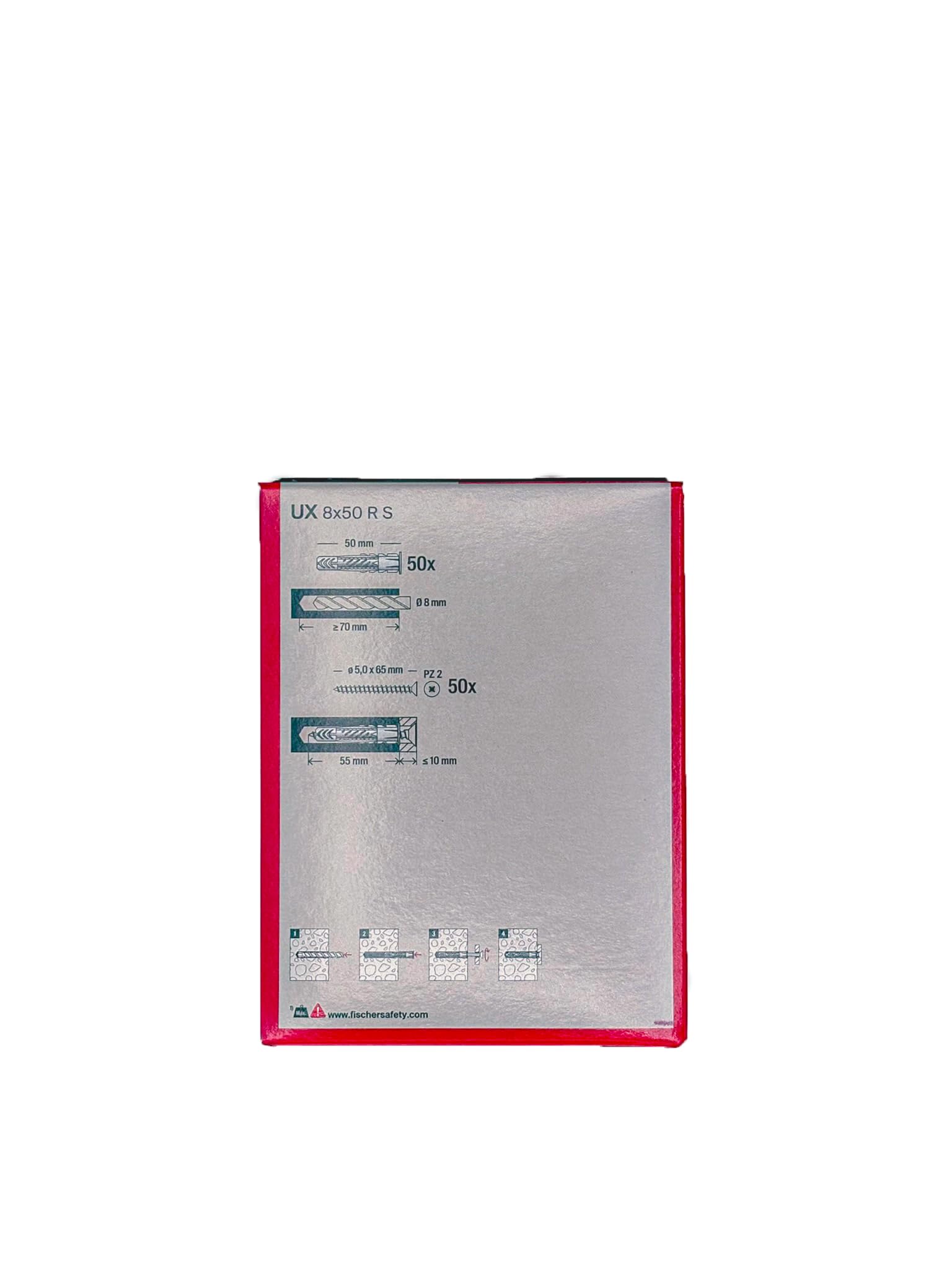 Fischer 50 Tasselli Universali con Vite UX 8x50 R S per Muro Pieno, Mattone Forato, Cartongesso, per Installazione e Fissaggio Mobili, Armadietti, Lampade, Staffe TV, 71550