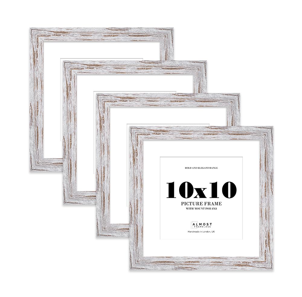 10x10" Distressed Wood Square Frame With Mount for 8x8" Pictures 28mm Edge Frame Display with Wall Hooks and Kickstand, 4 Pack