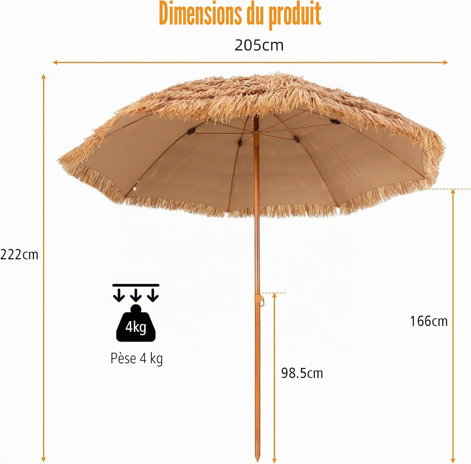 KOMFOTTEU φ205 cm Parasol de Style de Hawaïen, 2.2m de Haut, avec Protection solaire, Parasols de Plage en Paille simulée de Riz pliable, Parasol Exotique, pour Jardin, Balcon, Plage, Terrasse, jaune