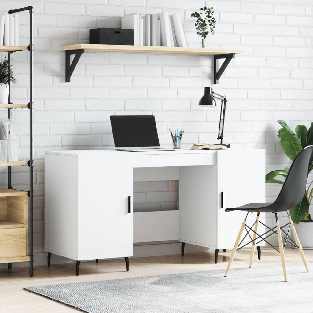 Scrivania bianca 140 x 50 x 75 cm, materiale in legno, con 4 ante, robusto computer e ufficio desk per casa, ufficio, camera da letto, design moderno