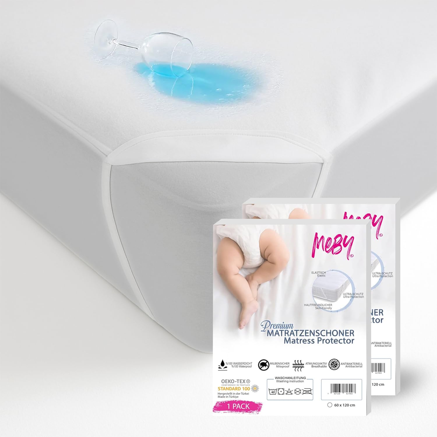 MEBY 60x120 cm wasserdichter Matratzenschoner für Baby. Atmungsaktive Matratzenauflage aus Baumwolle. Matratzenschutz, wasserdicht, nässeschutz. Elastisch, ohne Knistern. Inkontinenzauflage (2er Set)