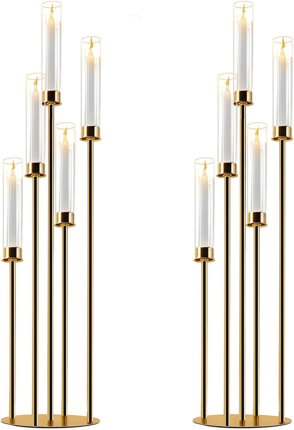 Gold Candelabra with Glass Cylinders for Real Candles 5 Arms Metal Candle Holder Wedding Event Party Home Decoration Centerpiece (2, L) 2 Large