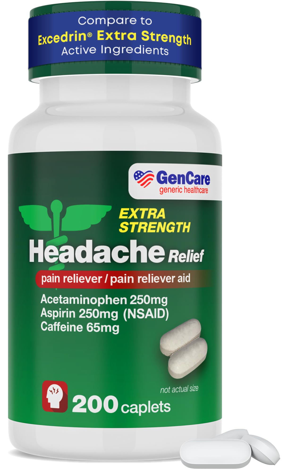 GenCareHeadache Relief Acetaminophen with Aspirin (NSAID) & Caffeine (200 Caplets) Value Pack | Head Pain, Muscle Aches, Back Pain & Body | Generic Excedren Extra Strength