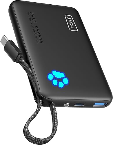 INIU Banco de energía de 45 W, cargador portátil de carga rápida con cable USB C integrado, 10000 mAh pequeño tipo C Powerbank, paquete de batería