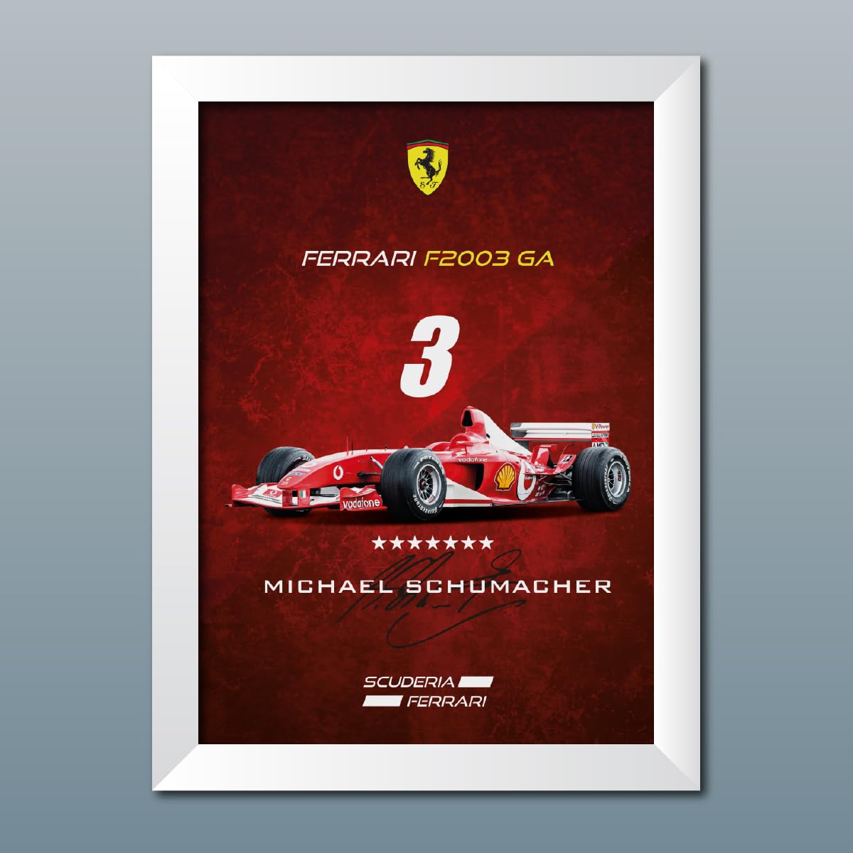 TenorArts Michael Schumacher Poster Frame Ferrari F2003 GA F1 Racing Car 2003 edition Formula One Photo Framed Painting with White Color Matt Finish Texture (12 inches x 9inches)