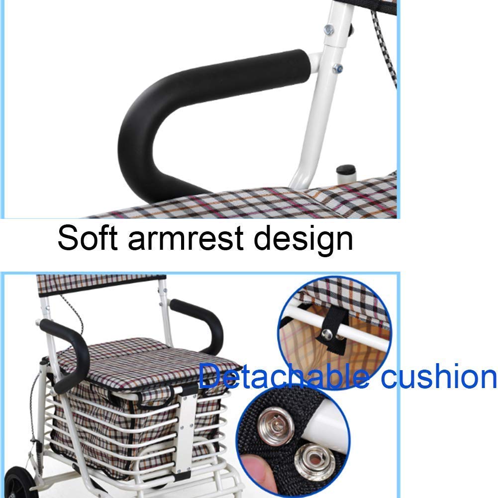 Cesta para Andador para Ancianos, Andador Plegable de Cuatro Ruedas Cesta para Andador para Ancianos Marco para Caminar con Asiento Acolchado Frenos Bloqueables Manijas Ergonómicas