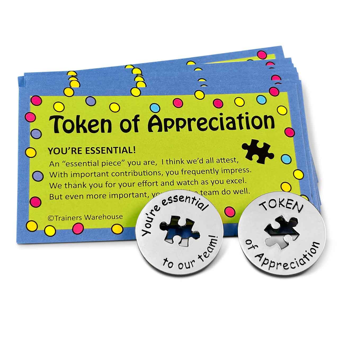Trainers Warehouse You're Essential to Our Team! - Token & Card (Set of 10 Each) | Poem on The Front, Blank on The Back | "Token of Appreciation" on 1