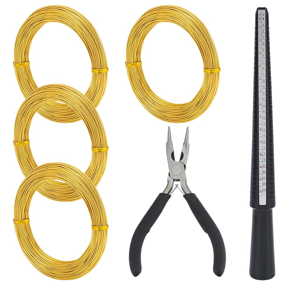 OLYCRAFT 4 Packung 18 Gauge Aluminiumdraht Schmuckherstellung Set 120m Goldener Schmuckdraht Wickelset mit Ringgrößen Messstab und Rundzange für DIY Schmuckarbeiten und Ringreparatur Projekte