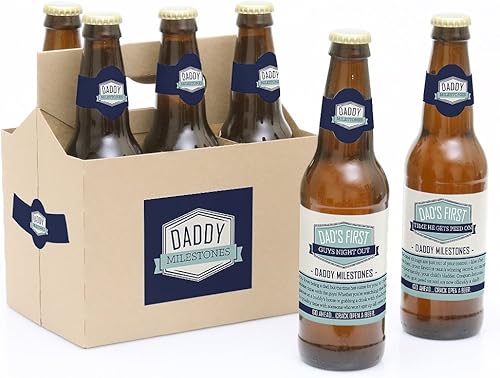 Big Dot of Happiness Daddy's First Milestones - Decoraciones para hombres - 6 etiquetas adhesivas para botellas de cerveza y 1 portador
