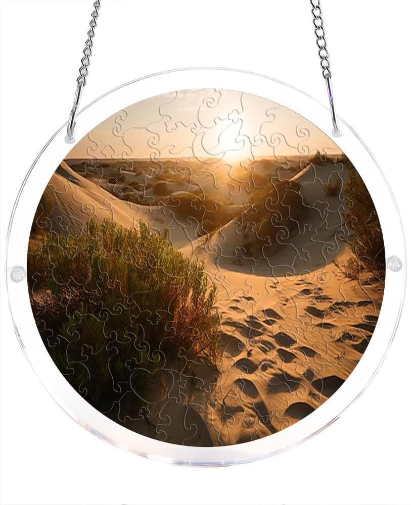 Landscape with Sand Dunes and Sunset Scene Acrylic Jigsaw Puzzles Suncatcher, 7.4 Inch Window Hanging Suncatcher Acrylic Puzzle, DIY Home Decor Art Gift