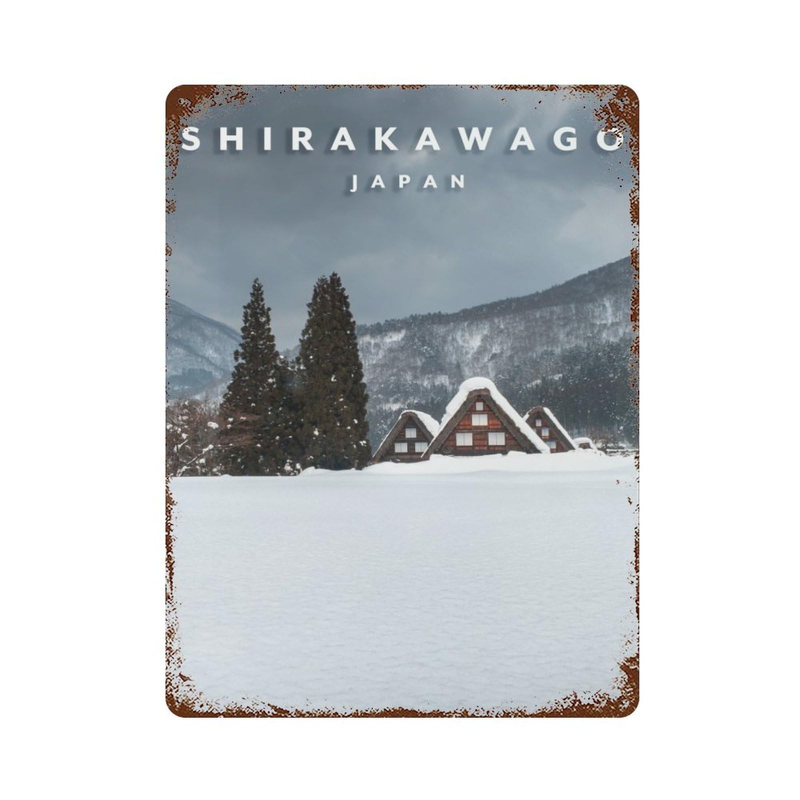 Garage Style Shirakawago Village Aged Metal Wall Plaque 15.7"x11.8", Farmhouse Wall Decor for Bar And Workshop