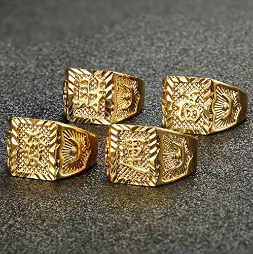 LOLIAS 4 Pcs Men's 18K Gold Plated Kanji Ring Set - Rich/Luck/Wealth - Adjustable Signet Ring2