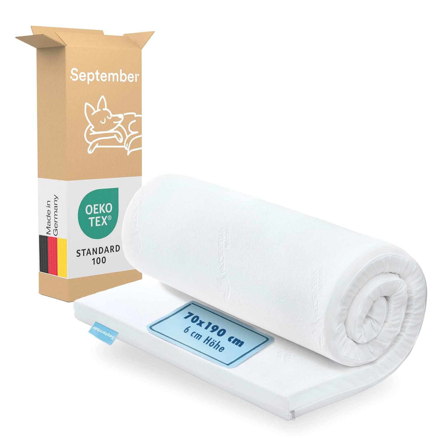 September – Topper 70x190 cm Komfortschaum mit 6 cm Höhe – Matratzenauflage mittelfester Härtegrad H3 – für Matratzen, Boxspringbetten etc. – Oeko-TEX® Standard 100 zert. – Bezug bei 60°C waschbar