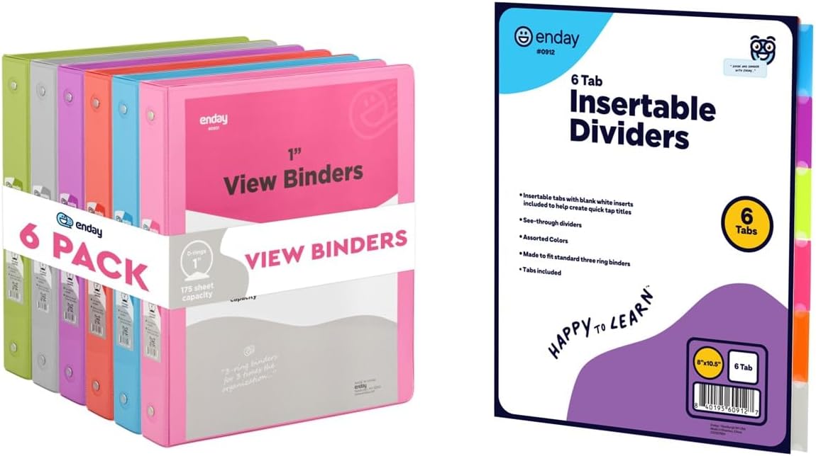 6 Pack 1 Inch 3 Ring Binder with 2 Inside Pockets & 6 Dividers for 3 Ring Binder - by Enday
