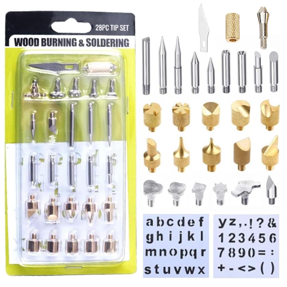 Wood Burning Tips, 28pcs Wood Burning Kit Carving Alphabet Figure Symbol Tool for Pyrography Embossing Soldering DIY Crafts Wedding Gift Wood Burner Tips Set Screw on Brass Pen Accessories Only