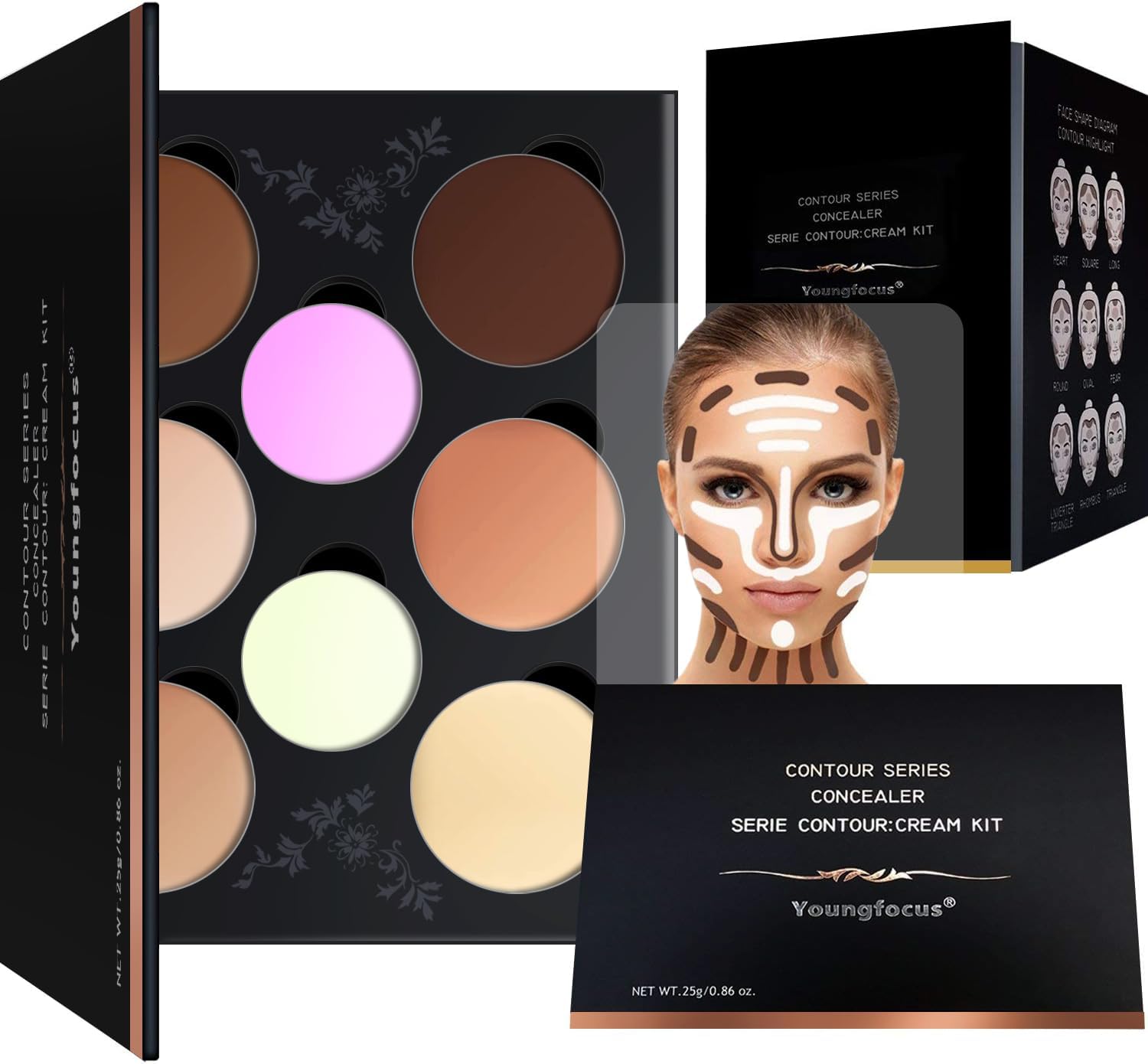 Youngfocus Cosmetics Cream Contour Highlighter Makeup Palette, Best 8 Color Blendable Bronzer Contour Kit, Vegan Cruelty Free Hypoallergenic Face Sculpting Makeup for Beginners