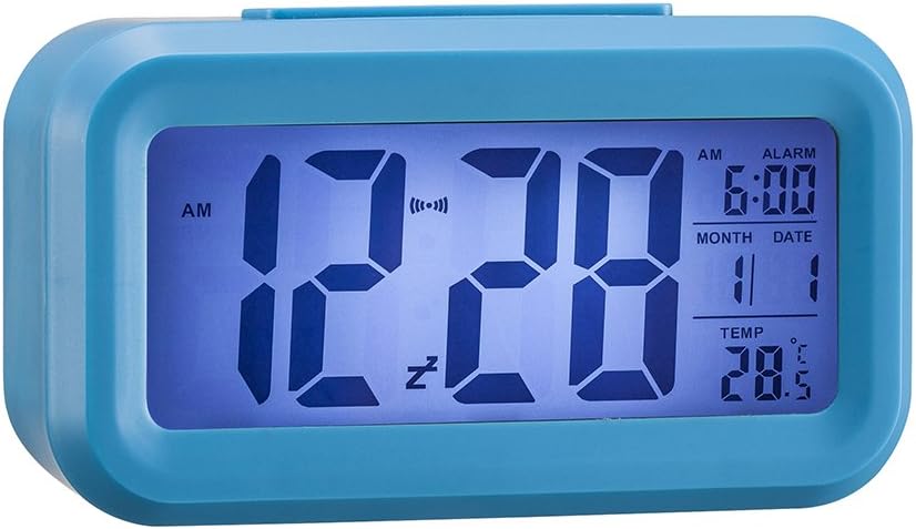 Progressively Louder Wakey Digital Alarm Clock, Silent with Sensor Light + Night Light Repeating Snooze Date Temperature 5.4" Large LCD Display (Blue)
