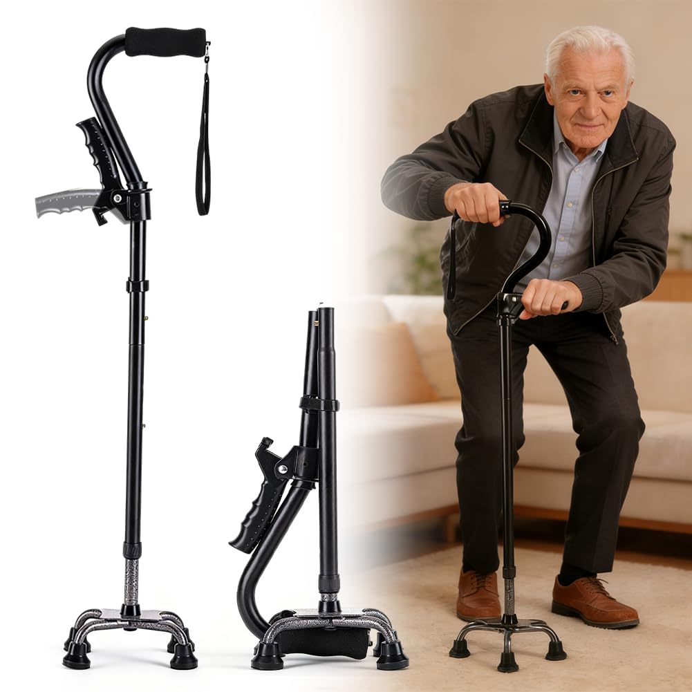 Bastón plegable para hombre y mujer, para personas mayores con base de 4 puntas, doble mango, altura ajustable (75-90 cm), ligero y estable, bastón telescópico para adultos