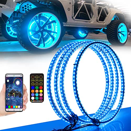 Image of 4PCS 15.5inch RGB LED Wheel Ring Light Kit Bluetooth Control w /Turn Signal and Braking Function can Controlled by Remote and APP(Double Row)