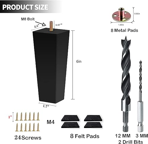 Miniatura 8 de Patas de sofá cuadradas para cama, patas de repuesto de madera de 2 pulgadas para muebles, juego de 4, color negro (2 pulgadas, 4 juegos)