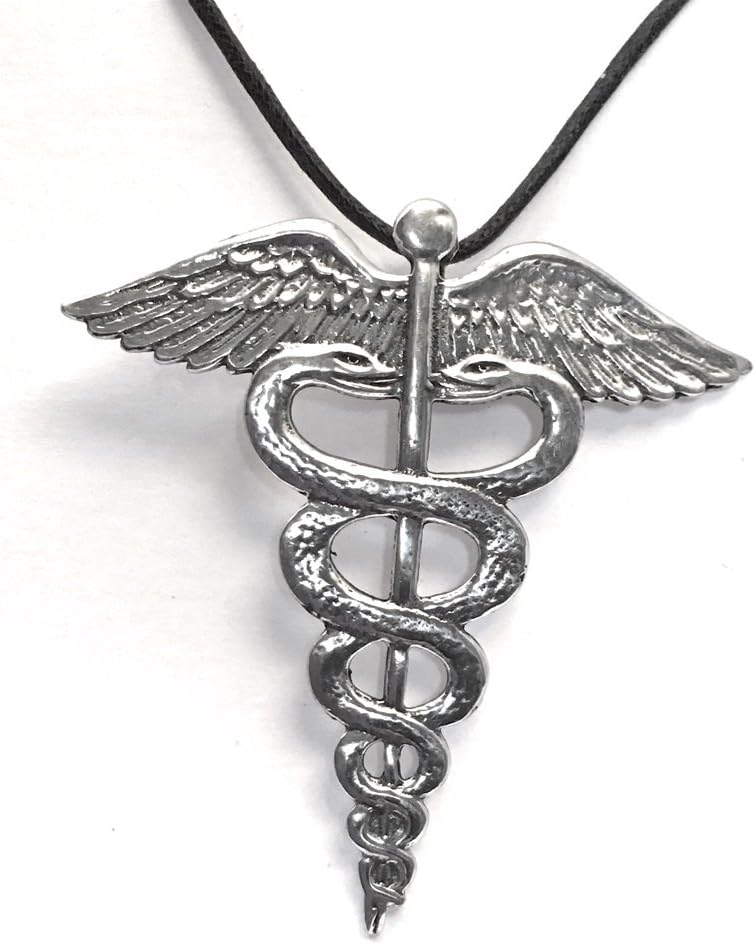 Medicine Symbol Caduceus Protection From Illness Talisman Amulet Pewter Charm Necklace