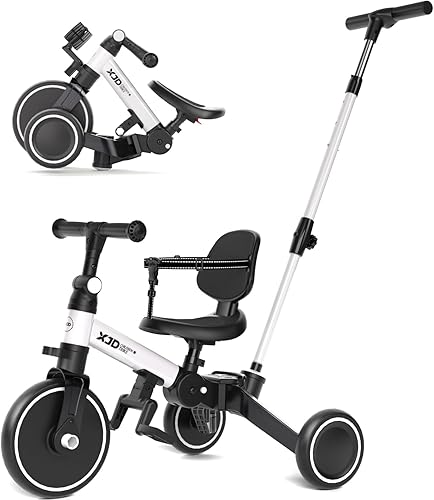 Miniatura 11 de XJD Bicicleta para niños pequeños, triciclo plegable 6 en 1 para niños de 1 a 4 años con mango de control parental, bicicleta de equilibrio con