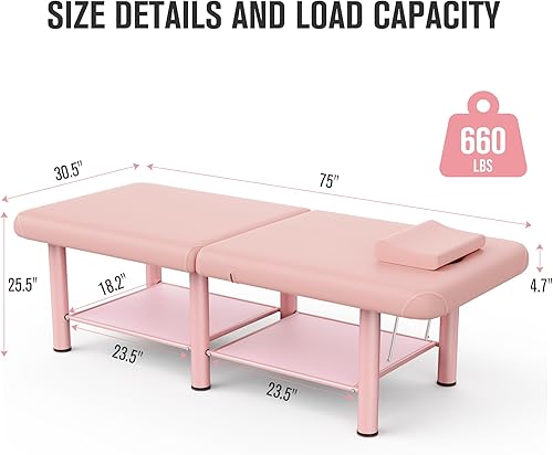 Miniatura 2 de pouseayar Mesa de masaje estacionaria rosa cama plegable con respaldo y espacio de almacenamiento para mesa de tratamiento, mesa de terapia física,