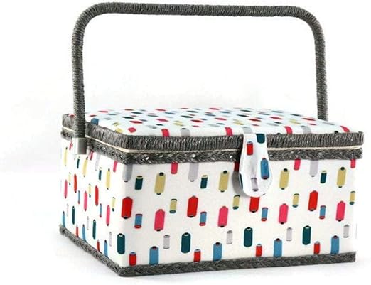 Sewing Basket with Colorful Spools Design - Sewing Kit Storage Box with Removable Tray, Built-in Pin Cushion and Interior Pocket - by Adolfo Design