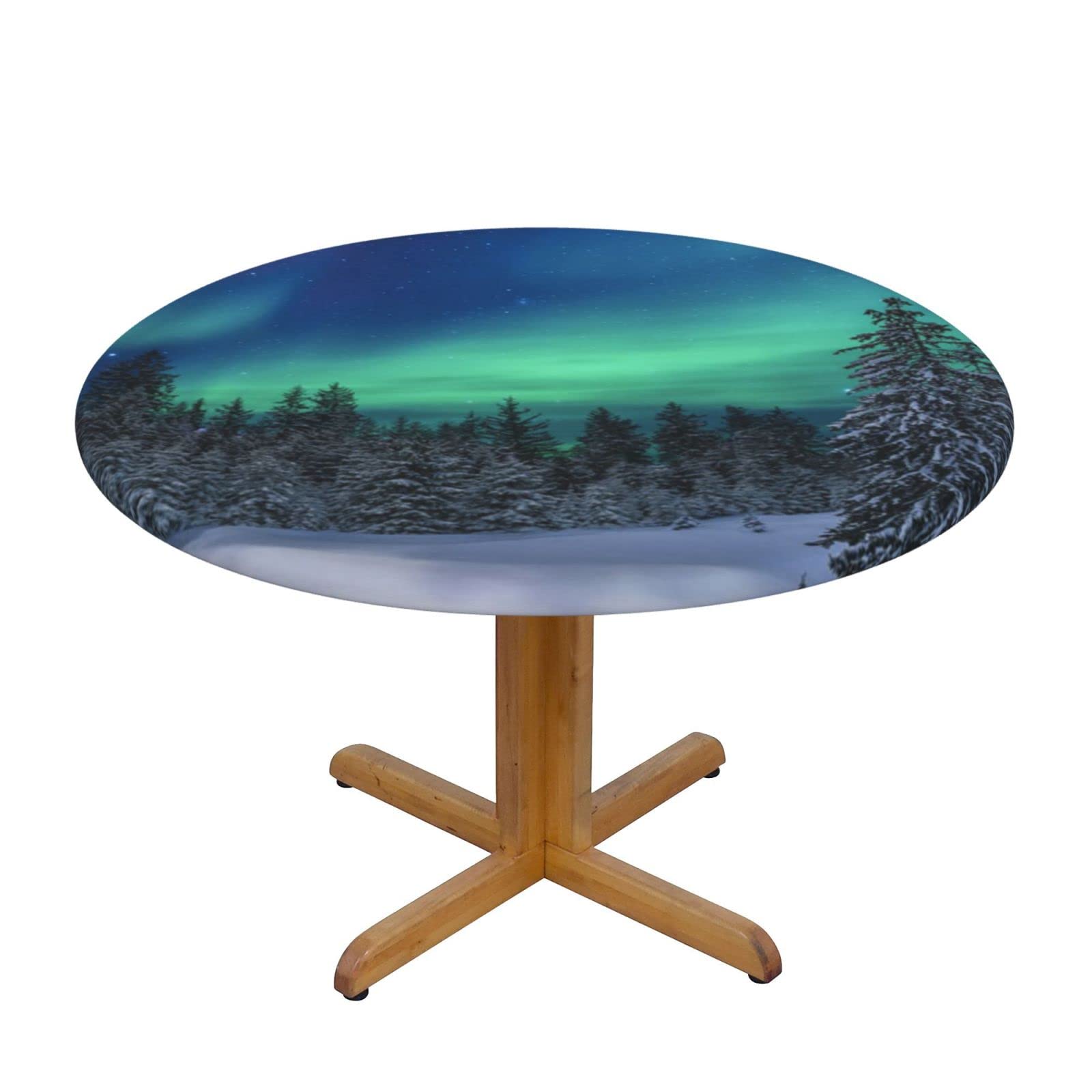 Lsjuee Round Fitted Tablecloth 40-44in Elastic Edged Table Cloth for Kitchen Dining Party Home Decor - Northern Lights Nature Colorful