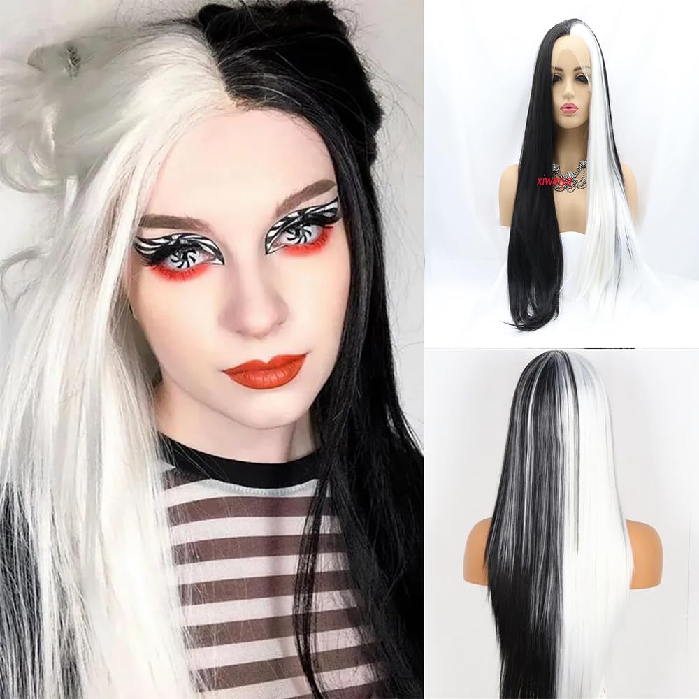 Amazon.com : xiweiya Half Black Half White Lace Front Wigs  display picture 1