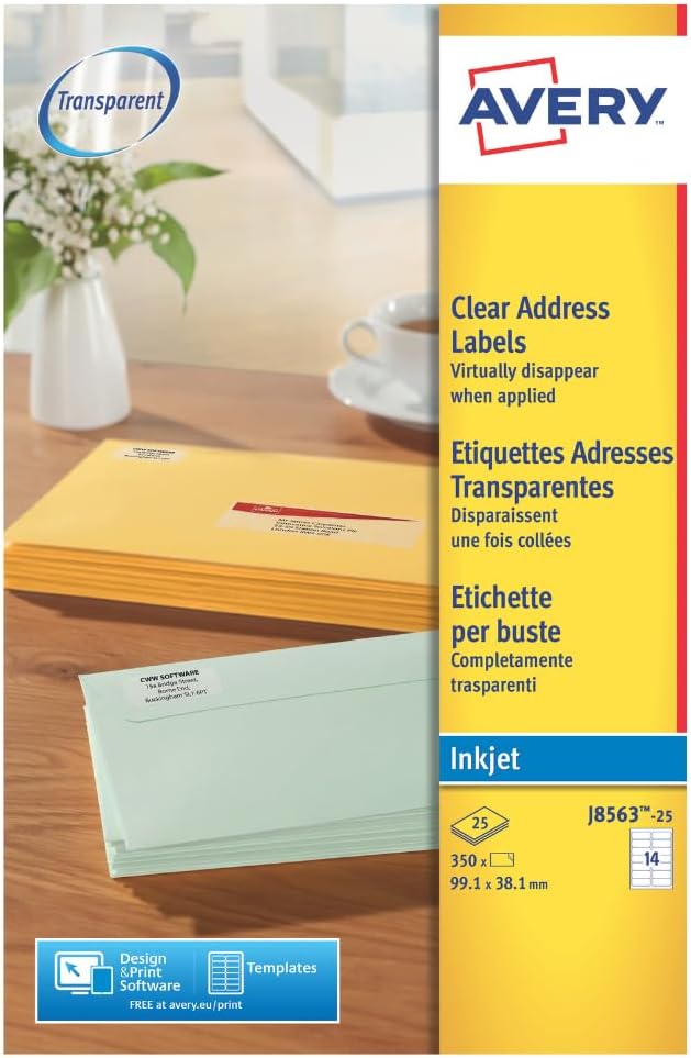 Self-Adhesive Clear Address Labels for parcels envelopes and Crafting 14 Labels Per A4 Sheet -Transparent Stickers (J8563-25)