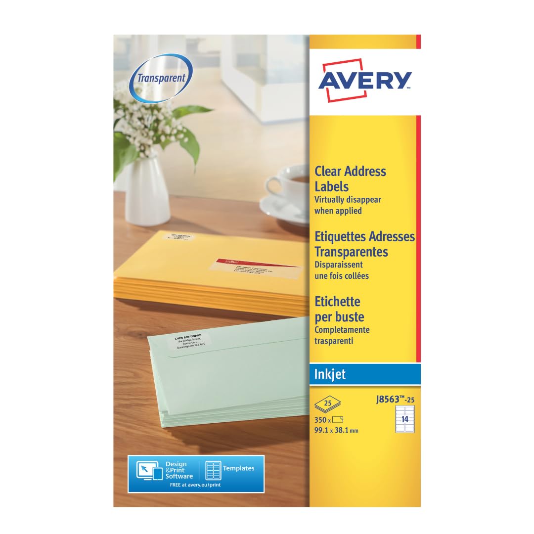 Avery Self-Adhesive Clear Address Labels for parcels envelopes and Crafting 14 Labels Per A4 Sheet -Transparent Stickers (J8563-25)