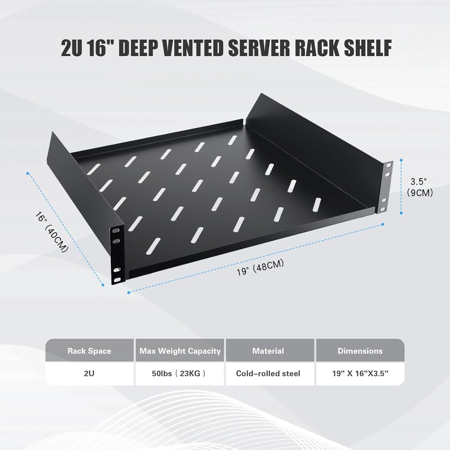 2U Server Rack Shelf, 16" Mounting Depth, Vented Rack Mount Shelf Cantilever Tray for 19" Equipment Racks and Cabinet, Weight Capacity 50lb, Black, 2PCS