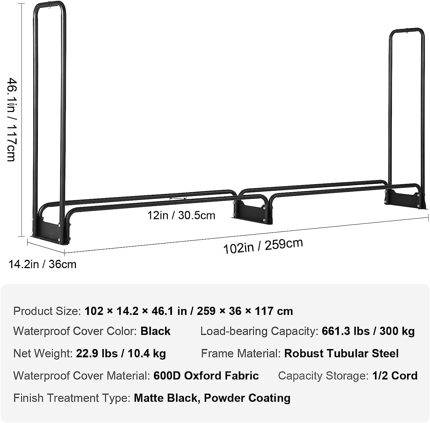 VEVOR 8.5FT Outdoor Firewood Rack with Cover, 102x14.2x46.1 in, Heavy ...