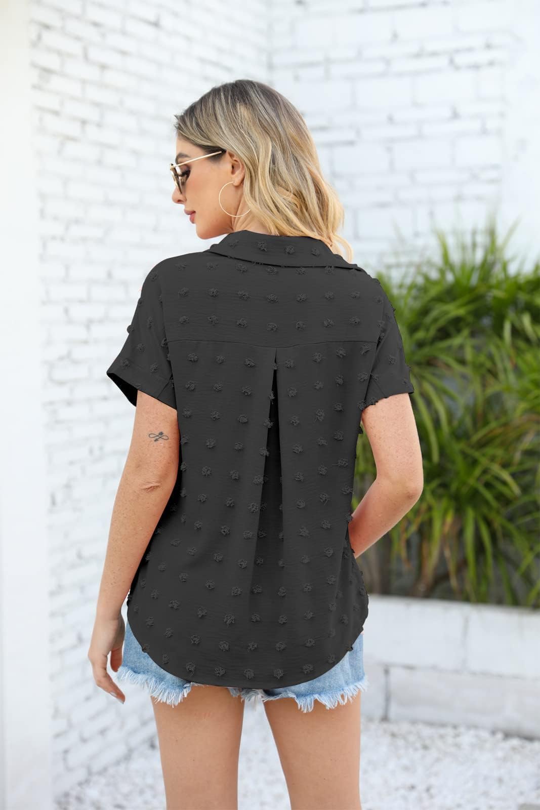 Cicy Bell Chemisiers pour femme - Manches courtes - Col en V - Boutonné - Élégant et décontracté - Couleur unie