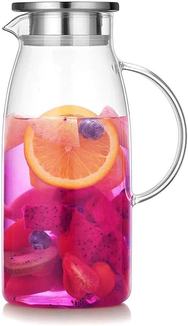 Artcome 60 Ounces Glass Iced Tea Pitcher with Stainless Steel Strainer Lid, Hot/Cold Water Jug, Juice Beverage Carafe