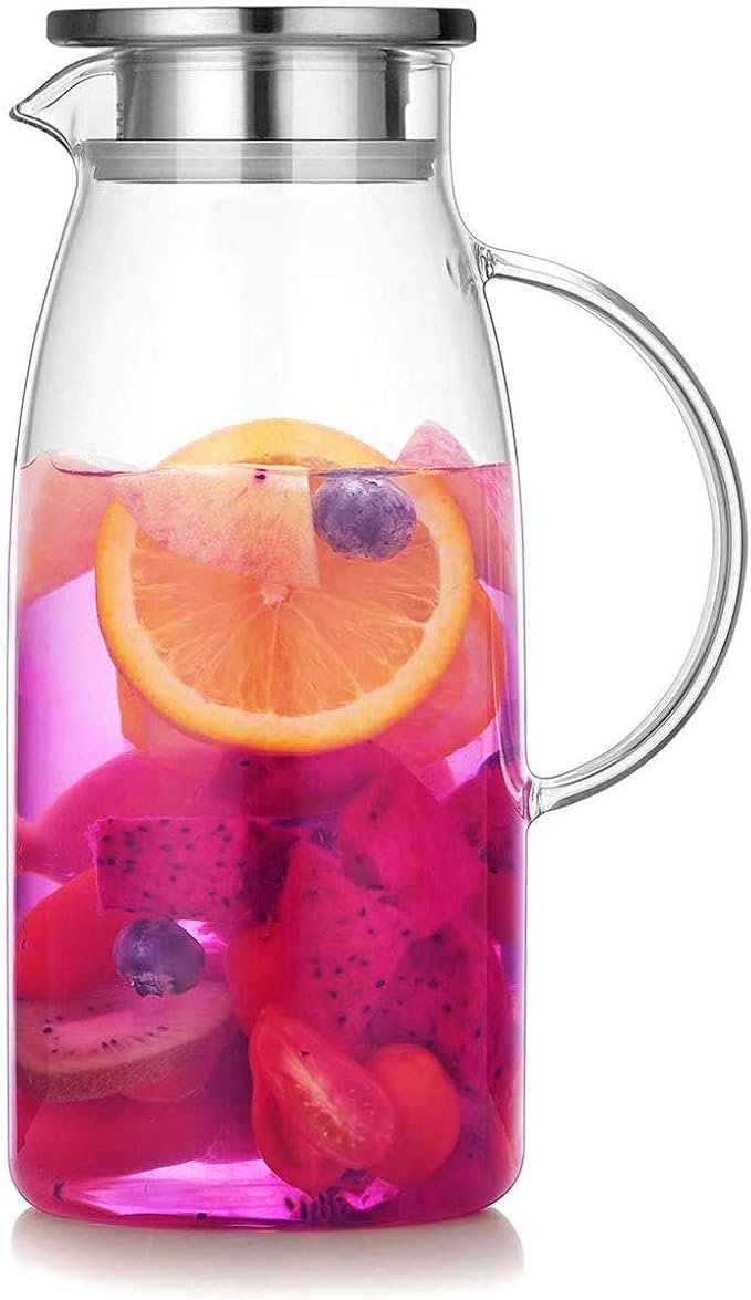 Artcome 60 Ounces Glass Iced Tea Pitcher with Stainless Steel Strainer Lid, Hot/Cold Water Jug, Juice Beverage Carafe